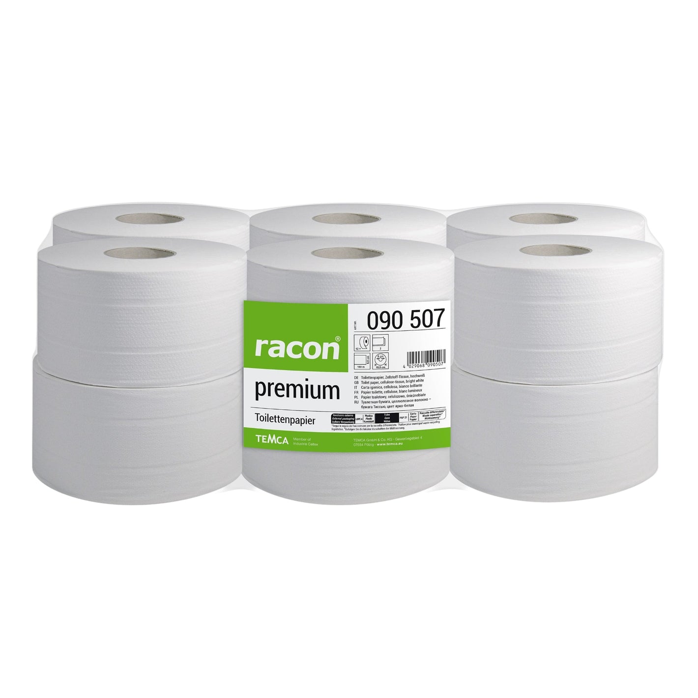 RACON PREMIUM TOILETTENPAPIER 12 Rollen JUMBO 9,5 cm x 180 m Zellstoff - Tissue,hochweiss,2 - lg - daclean.de