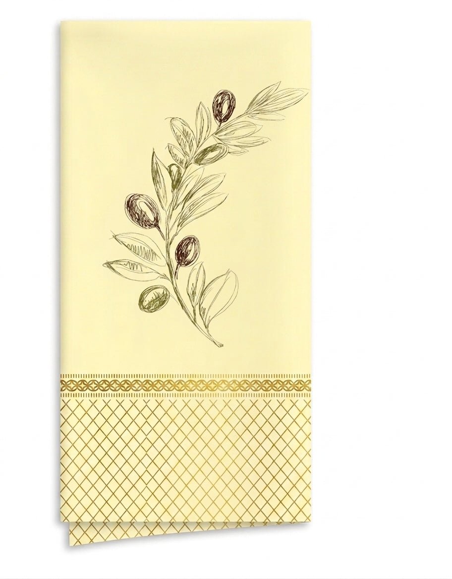 Tischservietten 40 × 40 cm (1/8-Falz, 2-lagig) – Cremegelb mit Oliven-Motiv - 1020 Stück - daclean.de